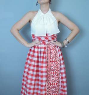   Vintage 60s Embroidered long halter full swing checkered DRESS  
