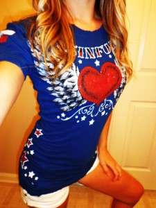 Buckle Store SINFUL Blue Red Hot Glitter Heart #13 Angel Wing T Shirt 