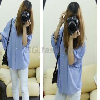   Batwing Sleeve Shirt Loose Tops Button Down Collar Blouse 2 COLORS
