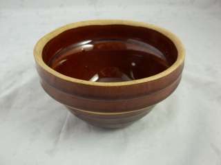 Vintage Brown Stoneware Crock Mixing Bowl Ringed Pattern  