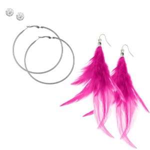 Capelli New York Feather Trio Earring Set With Hoop & Crystal Studs 