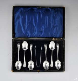English Ster 6 Demitasse Spoons Sugar Tongs 1912 w/ Box  