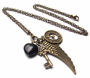 Bronze Wing/Key/Clock/Heart, Steampunk Charm Necklace  