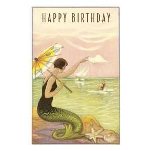 Happy Birthday, Mermaid Waving to Rower Premium Poster Print, 8x12 