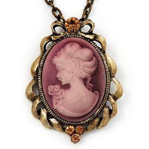 Dusty Pink Crystal Cameo Lady With Rose Flower Oval Pendant (Bronze 