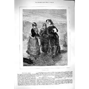  1879 First Lesson Young Girls Ice Skating Antique Print 