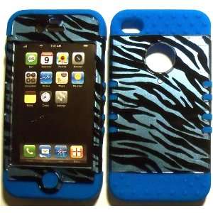 Blue Zebra on Blue Silicone for Apple iPhone 4 4S Hybrid 2 in 1 Rubber 