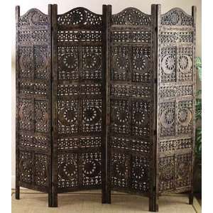    Four Panel Carved Wood Screen / Room Divider