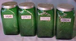 VINTAGE 4 GREEN GLASS DIAGONAL RIDGED CANISTERS 40 OZ  