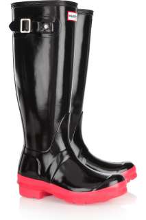 HUNTER ORIGINAL PINK NEON SOLED TALL BLACK WELLINGTON BOOTS Welly 