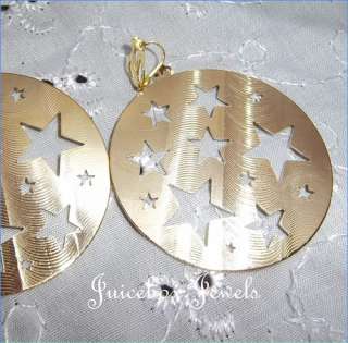 CLIP ON Stars 2 INCH Hoop Earrings Gold Tone Metal(B698) Juicebox 