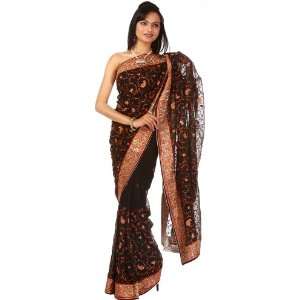  Black Evening wear Sari with Needle Embroidered Paisleys 