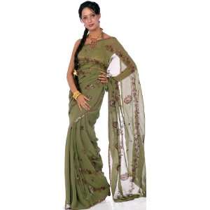  Vineyard Green Sari with Embroidered Sequins   Georgette 