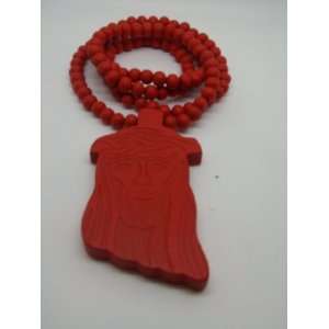 Jesus Wooden Beaded Necklace 33 In. Red 