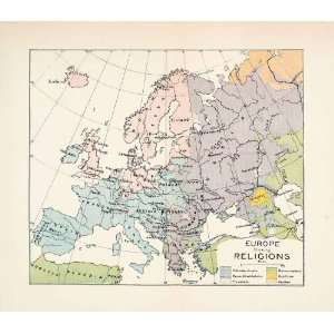 1904 Lithograph Map Europe Religion Spain England France Italy Russia 