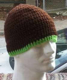 Hand Crochet ~ Mens Skull Cap Beanie Hat Brown/Lime  