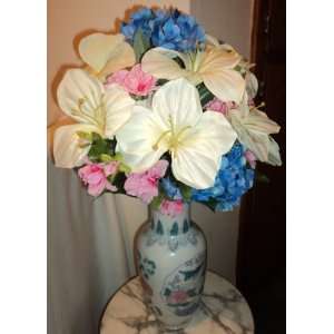  Blue Hydrangea, White Amaryllis, and Pink Zinneas