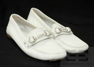 Christian Dior White Leather & Silver Logo Driving Loafers Size 37 