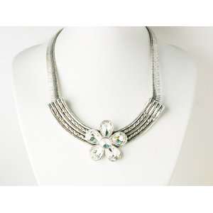   Bead Flower Silvertone Metal Fashion Collar Necklace Jewelry