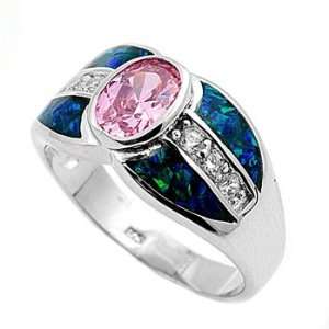 Sterling Silver 12mm Blue Lab Opal, Pink & Clear CZ Ring (Size 5   11 