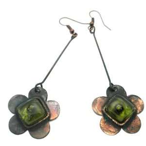Flower Copper Earrings with Recycled Glass  Green 