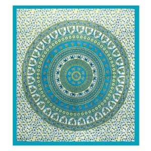  Turquoise & Yellow Elephant Circle Indian Tapestry 