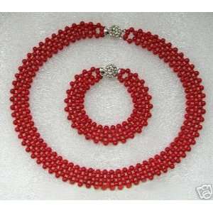 4mm Knit Red Coral Necklace Bracelet Set 