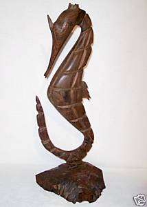 Iron Wood 19 1/2 Carved Sea Lion Sea Horse Fish Art Sculpture  