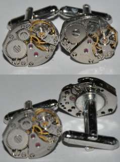 VINTAGE AUTHENTIC WATCH MOVEMENT CUFFLLINKS SILVER TONE #V  