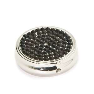  Black Crystal 3 Day Section Round Metal Pill Box Case 