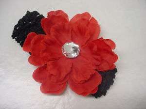 Flower stretch Crochet Headband Girl Baby Black w Red  