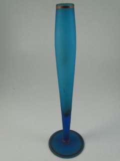 Antique Satin Blue Glass Painted Bud Vase Table Vintage Art Flower 