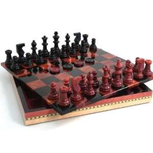  Scali Black and Red Alabaster Chess and Checkers Set with 