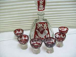 ART DECO CLEAR & RED GLASS ROOSTER & TREES LIQUOR DECANTER & 6 GLASSES 