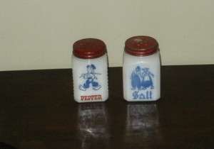 Milk Glass Salt Pepper Hazel Atlas Man and Woman Windmill Dutch 