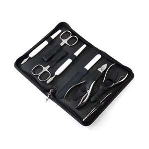 Large 8 piece Nickel plated Manicure Set in a Black Leather Case. Made 