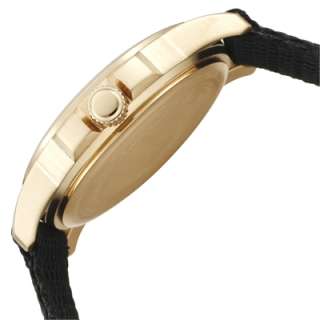 The round satin brushed stainless steel case comes in gold tone or 