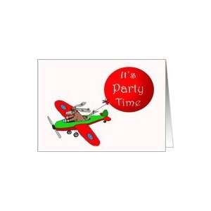   Time, Invitation, Dog flying plane with balloon. Card Toys & Games