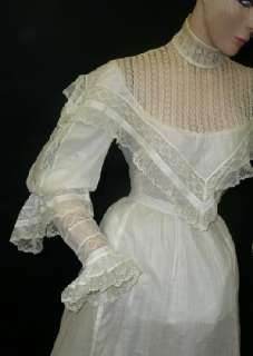  ANTIQUE ROMANTIC 1890 1900 VICTORIAN SHEER WHITE WEDDING LAWN DRESS