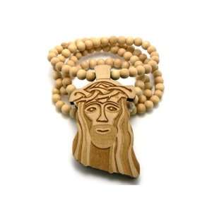  Natural Wooden Jesus Pendant with a 36 Inch Wood Beaded 