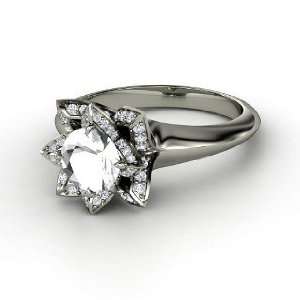  Lotus Ring, Round Rock Crystal Palladium Ring with Diamond 