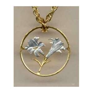    Beautifully Cut out & 2 toned Bermuda Lily   coin Necklace Beauty