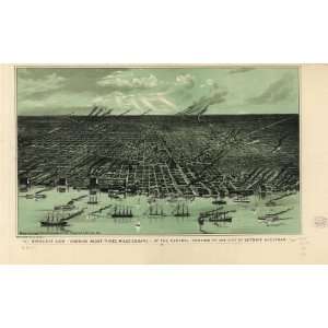  1889 Detroit Michigan, Birds Eye Map