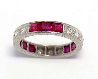 Platinum Band Ring Eternaty Wedding Rubies Diamonds Vintage Size 4.5 