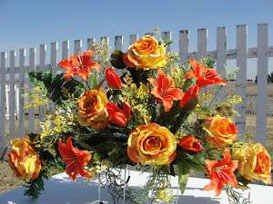 Fathers Day Grave Tombstone Saddle Orange Lilies Roses  