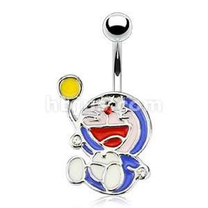   Navel Ring with Enamel Colored Robotic Blue Cat with CZs Jewelry