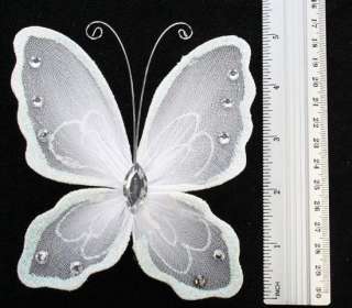 White Glittered Nylon Butterfly with Rhinestones   Package of 12 