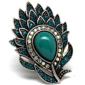    Teal Green Crystals Buddah Water Lilly Flower Ring 
