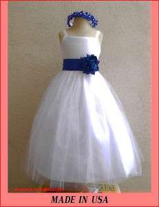 NEW FLOWER GIRL WEDDING PARTY DRESSES WHITE ROYAL BLUE  