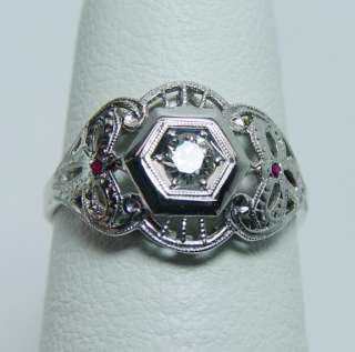 Antique 18K White Gold European Diamond Ruby Ring Estate Jewelry 